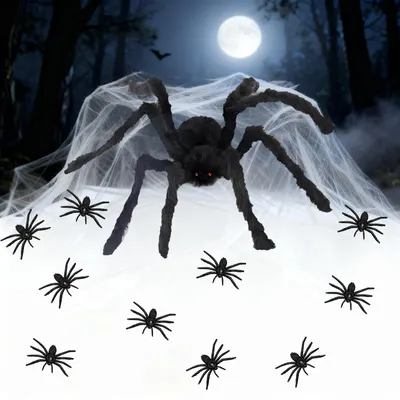 Produktbild von 11 realistische Halloween-Spinnen und Spinnennetze zur Dekoration