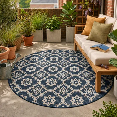 Produktbild von Volero - Outdoor Teppich Rund - Rio Flower Dunkelblau - Ø 200 cm - Balkon, Garten, Terrasse, Wintergarten - Boho