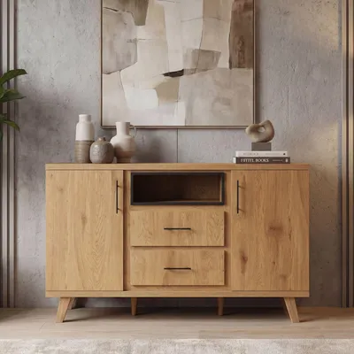 Produktbild von FineBuy Sideboard Eiche Nachbildung 150cm Kommode mit Türen und 2 Schubladen Design Anrichte offenes Ablagefach Standschrank Modern