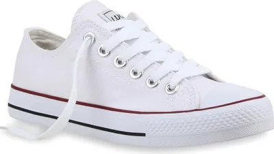 Produktbild von Mytrendshoe Damen Sneakers Sportschuhe Schnürer Schuhe 94237, Farbe: Weiß Rotstreifen Lucky, Größe: 36