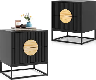 Produktbild von KOMFOTTEU Nachttisch mit 2 Schubladen, Nachtschrank mit Griffe aus Kiefernholz und Metallrahmen, moderner Beistelltisch für Schlafzimmer, Wohnzimmer, 48 x 40 x 55 cm(Schwarz)