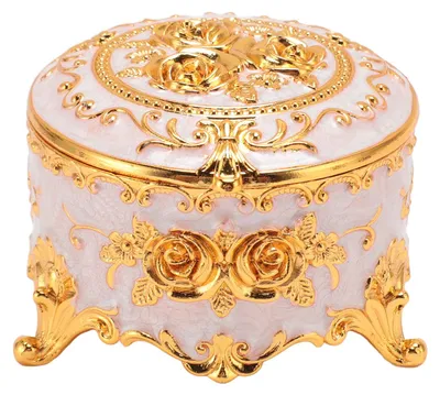 Image de Boîte à bijoux vintage en métal, ronde, raffinée, sculptée à la main, motif floral doré, organiseur de bijoux pour bagues, boucles d'oreilles, colliers, blanc