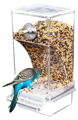 Produktbild von Automatischer Vogelfutterspender - Futterspender aus Glas - Spritzfest - Auslaufsicher - Transparent - Für Wellensittiche, Kanarienvögel, Unzertrennliche