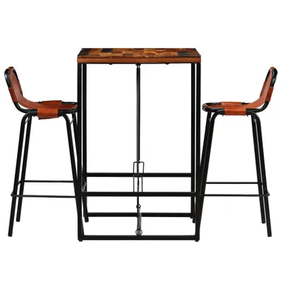 Image de vidaXL Ensemble bar 3 pièces vieux bois massif et cuir de chèvre véritable