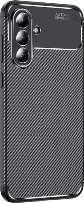 A close-up, angled view of a black smartphone case with a carbon fiber texture.