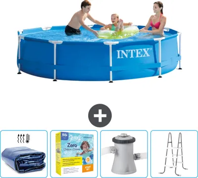 Produktbild von Intex-Schwimmbecken mit rundem Rahmen – 305 x 76 cm – Blau – im Lieferumfang enthalten Sonnensegel - Wartungspaket - Filterpumpe für Schwimmbad - Leiter