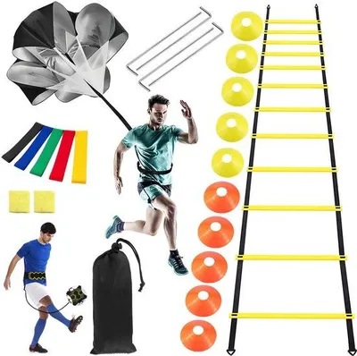 Produktbild von Fußballtraining-Zubehör-Set, bestehend aus 21 Teilen: Koordinationsleiter, Trainingsleiter, Fußball-Trainingsgerät für den Fuß, 10 Fußballhütchen für Kinder