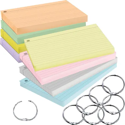 Imagen del producto de Tarjetas de apuntes, con líneas, tamaño A6, con perforaciones e incluyendo anillas metálicas, 8 colores, 400 unidades
