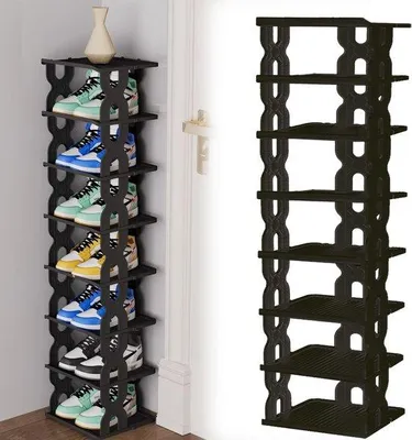Immagine prodotto di Ibenzoa® - Scaffale salvaspazio per scarpe, con 8 ripiani, altezza regolabile, in plastica, colore nero, dimensioni 24 cm x 25,5 cm, 17 cm per ripiano, ideale per ingresso, angolo e armadio