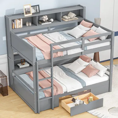 Produktbild von Odikalo Kinderbett 2*Einzelbett Etagenbett 2*90x200cm Schubladen Staufächern Grau