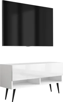 Produktbild von TV-Lowboard 100 cm Mattweiß / Hochglanzweiß, schwarze schräge Beine, 100 × 32 × 52 cm