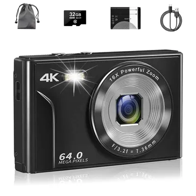 Produktbild von Kompaktkamera 4K 64MP, Digitalkamera mit Autofokus, 16X Digitalzoom, USB-Ladekabel, 1200mAh Batterie, tragbare Mini-Kamera für Alltag