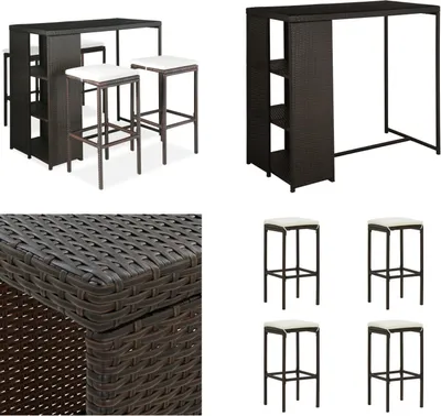 Image de vidaXL Ensemble Bar de Jardin 5 pièces avec coussins Poly Rotin Brun - Ensemble Bar de Jardin - Ensemble Bar de Jardin - Table Et Chaise De Jardin - Tables Et Chaises De Jardin