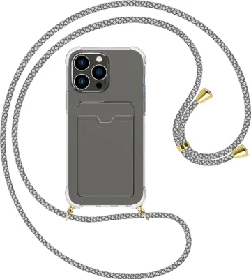 Produktbild von Handykette Backcover-Schutzhülle mit Band (Metall goldfarben) für Apple iPhone 15 Pro Max - weiß/grau kariert