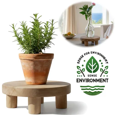 Produktbild von LS-LebenStil Pflanzenhocker Teak Holz 20x7cm Rund Mini Tisch Deko Tablett Blumenständer Tischchen Deko Hocker kleiner Holzhocker