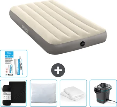 Produktbild von Intex Luftbett – 1 Person – 99 x 191 x 25 cm – Beige – im Lieferumfang enthalten Spannbettuch - Küssen - Pumpe - Reperaturset en Kissenschutz