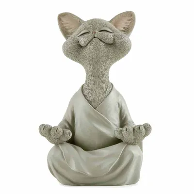 A gray cat figurine in a meditative pose, wearing a robe.