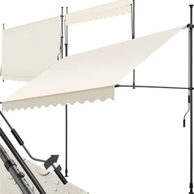 Two cream-colored awnings are shown mounted on black poles against a white background. The awnings have a scalloped edge and appear to be adjustable.