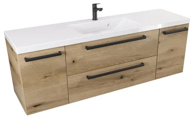 Produktbild von ATHD Wandhängender Waschtischunterschrank 140 cm D - Evoke Matt Eiche - Mattschwarze Griffe