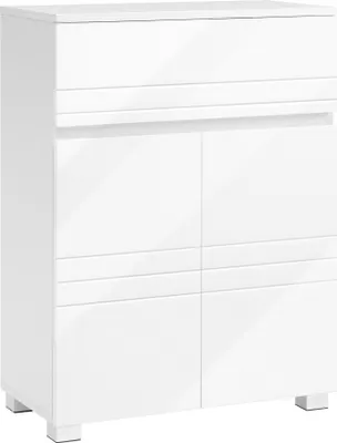 A white, modern cabinet with two doors and a drawer.
