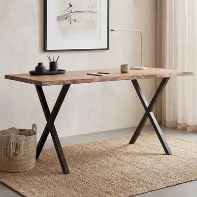 Produktbild von FineBuy Schreibtisch 200 cm Akazie Massivholz / Metall Computertisch Baumkante Homeoffice Bürotisch Massiv mit X-Beinen Schwarz Holztisch Laptoptisch