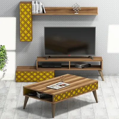 Produktbild von Skye Decor, Planet - Walnut, Yellow, Wohnzimmermöbel-Set, Nussbaum, 100 % MELAMINBESCHICHTETE SPANPLATTEN, 150 x 38 x 37 cm