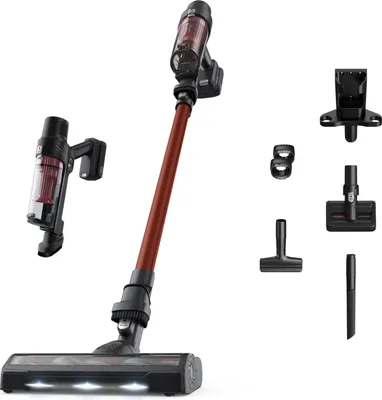 A cordless vacuum cleaner and its accessories are displayed against a white background.