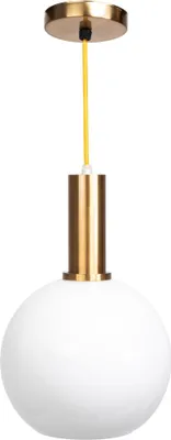 A pendant light with a white globe shade and a gold fixture.