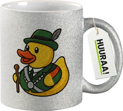 Produktbild von Huuraa Glitzertasse Quietscheente Schützenkönig Gummiente Schützenfest 330ml Silber Keramik Kaffeebecher Geschenkidee