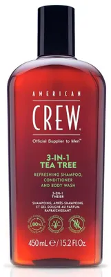 Produktbild von American Crew 3-in-1 Tea Tree, 450 ml, 3-in-1 Shampoo & Pflegespülung & Duschbad, Nicht-professionell, Männer, Glanz, Glättend, Weichmachend, Flasche