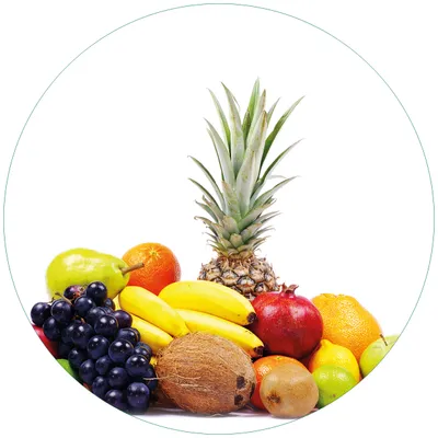 Produktbild von Wallario Premium Glasbild, freischwebende Optik, kräftige Farben, rund 50cm Durchmesser, Motiv Gemischtes Obst aus aller Welt - Exotische Obstsammlung