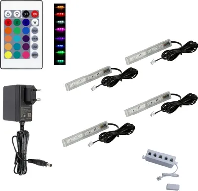 Produktbild von QLS LED RGB 4 Set Glasbodenbeleuchtung Lichtleiste 12V Fernbedienung 16 Farben 11136