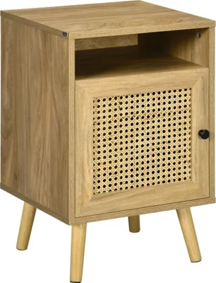 Image de HOMCOM Table de chevet table de nuit avec placard porte cannage et niche design vintage 39 x 35 x 60 cm naturel