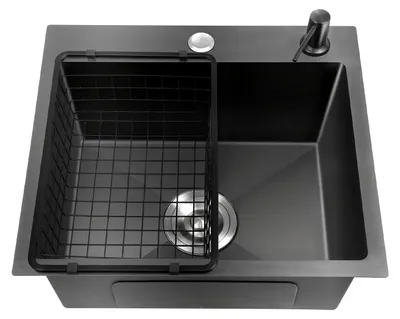 Produktbild von Küchenspüle - Einzelbecken - Schwarz - Edelstahl 201 - 45 × 40 × 20 cm - Ohne Armatur - Zwei Hahnlöcher - Mit Seifenspender und Abtropfsieb
