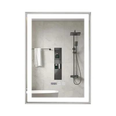 Produktbild von Puluomis Badspiegel 50x70 beschlagfrei mit 3 Farbe Beleuchtung, dimmbare Helligkeit, Badezimmerspiegel mit Digitaluhr, Temperatur silbern