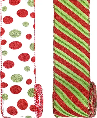Produktbild von Yards (ca. 4,5 m) langes, verstärktes Weihnachtsband (6,3 cm breit), rot-grün gepunktet/gestreift/wirbelt, ideal zum Verpacken von Weihnachtskränzen, Geschenken und für DIY-Bastelarbeiten