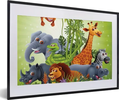 Produktbild von MuchoWow® Gerahmtes Poster Dschungeltiere - Pflanzen - Kinder - Elefant - Giraffe - Löwe 60x40 cm - Poster mit Schwarzem Bilderrahmen Wandposter Rahmen Foto Bilder - Schlafzimmer - Plakat in Rahmen - Drucken