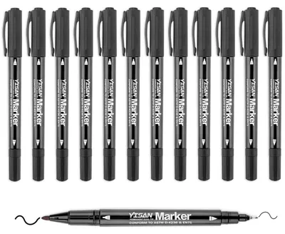 Zdjęcie produktu dla Permanentny marker dwustronny, cienka końcówka, czarny, zestaw 12 sztuk, wodoodporny, do szkła i kamienia