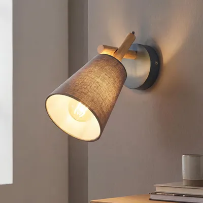Immagine prodotto di Lampada da parete moderna scandinava "Vaio" legno tessuto grigio E27 lampada da parete soggiorno camera da letto corridoio