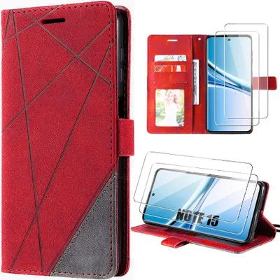 Image de Coque + 2 Verres Trempés pour Xiaomi Redmi Note 15 5G/4G, Protection CuirPolyuréthaneMotif Rayures - Rouge