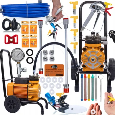 Produktbild von Airless Farbspritzgerät Strong Orange Storm SOS03 – 3500W Brushless Motor | 227 bar, 18 l/min | Inkl. Pistole, Farbabschneider, Düsen, Schlauch, Manometer, Verlängerung