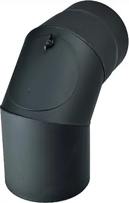 A black metal stove pipe elbow with a cleaning access door.