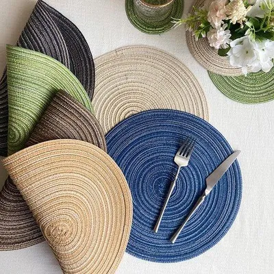 Imagen del producto de Ibenzoa® Juego de 6 individuales trenzados – manteles individuales redondos de Ø 38,1 cm, color beige, hechos de ramee, polipropileno y algodón, tejidos a mano, antideslizantes