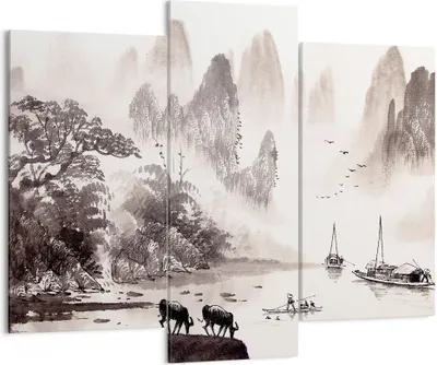 Produktbild von Bild auf Leinwand - Leinwandbild - 3 Teile - Chinesisch Landschaft Aquarell - 130x100cm - Wand Bild - Wanddeko - Wandbilder - Leinwanddruck - Bilder - Wanddekoration - Leinwand bilder - CB130x100-4265