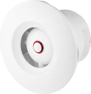 A white circular fan with a red accent in the center, shown from a slightly diagonal angle against a white background.