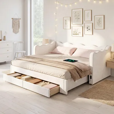 Productafbeelding van Slaapbank, 90 x 200 cm, met lades, USB-aansluiting, Type C-aansluiting, uitschuifbaar ligvlak, fluwele bekleding, beige
