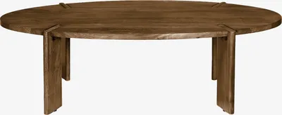 A wooden oval coffee table on a white background.