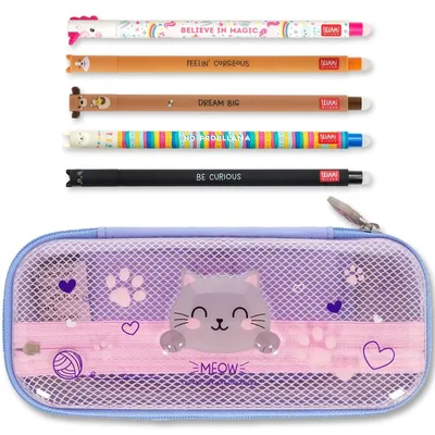 Produktbild von LEGAMI WonderWow Federmäppchen & radierbarer Stift | Set mit 5 niedlichen Tierstiften mit thermosensitiver Tinte + Federmäppchen mit 2 Fächern (Kätzchen)
