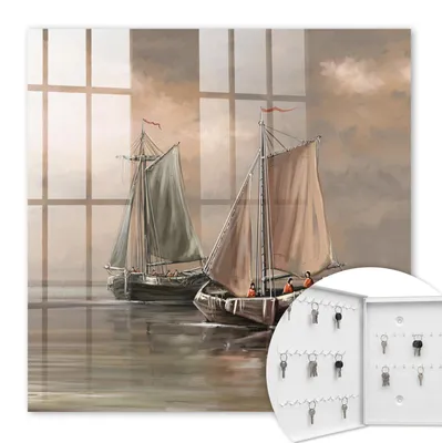 Produktbild von Metall Schlüsselkasten 30 x 30 cm - weißer Schlüsselschrank zur Wandmontage - wandhängende Schlüsselbox mit Tür - nach links öffnend - Schlüsselaufbewahrung für Flur - Büro - Arbeitszimmer - Werkstatt - Garage - Seesegelschiffe