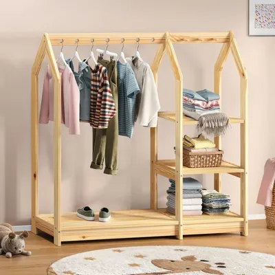 Produktbild von Kinder Kleiderständer SALLY, natur - Kinderzimmer Schrank Hausform, offener Kleiderschrank nach Montessori aus Kiefer mit 7 Löchern für Kleiderbügel, 4 Ablageböden, Garderobenständer